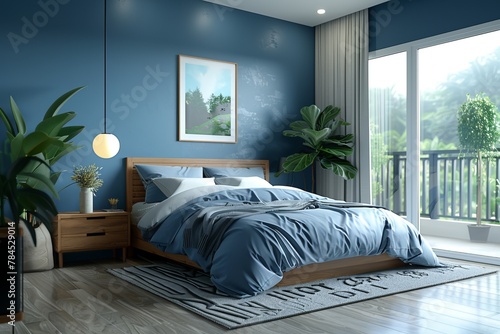 A tranquil blue bedroom featuring a snug bed, chic wooden furnishings, verdant houseplants photo