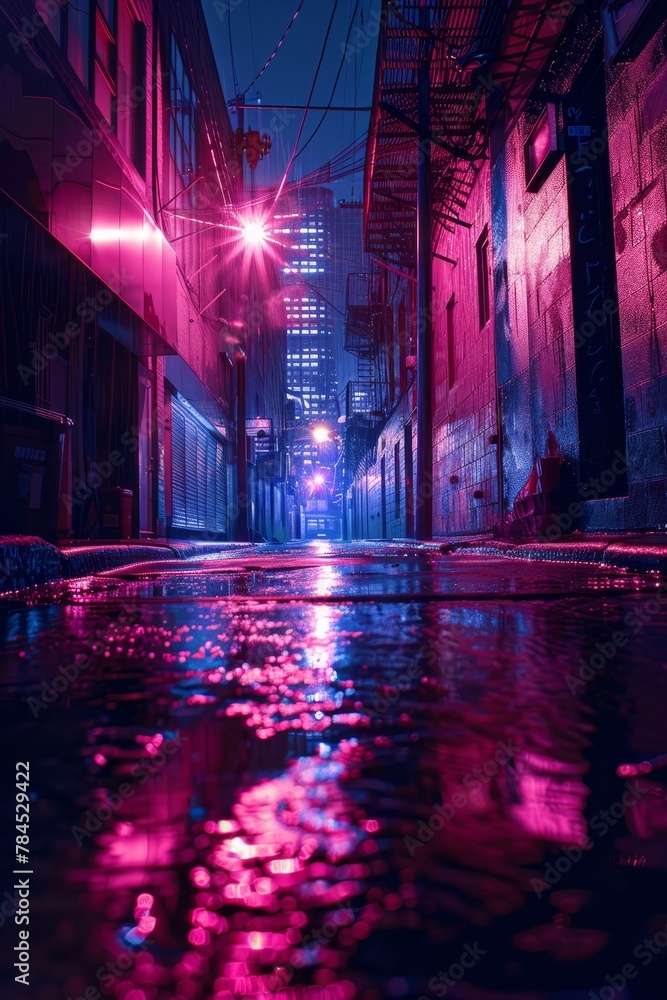 a wet street with purple lights