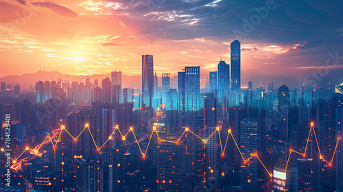 A modern city's silhouette at sunrise, enhanced with glowing graphs indicating financial trends photo