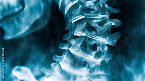 X - ray film of the spine reveals cervical spondylosis, a degenerative disc disease. The patient has phone addiction and experiences neck pain, numbness, and weakness. Focus on the area of discomfort