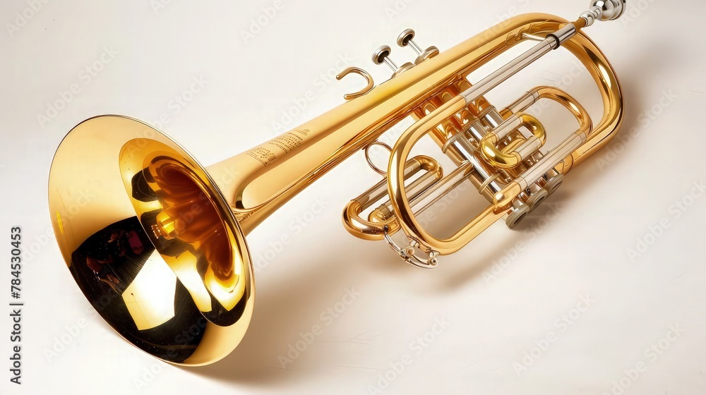 Obraz premium Golden brass cornet with intricate tubing and valves, presented on a light background for advertising musical instruments.