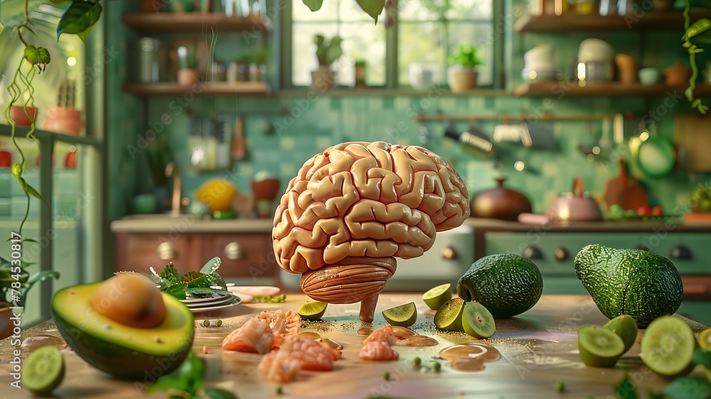 A brain and avocados cooking together, embodying a fusion of culinary art and mental wellness