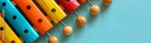 Minimalist depiction of children's toy instruments like a xylophone and a kazoo on a gentle colored background, isolated for text