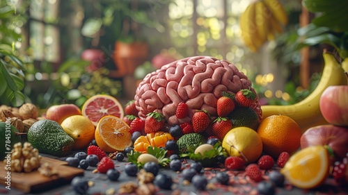 An artistic arrangement of a brain encircled by avocados, berries, oranges, and bananas, epitomizing the concept of feeding the mind with nutritious fruits