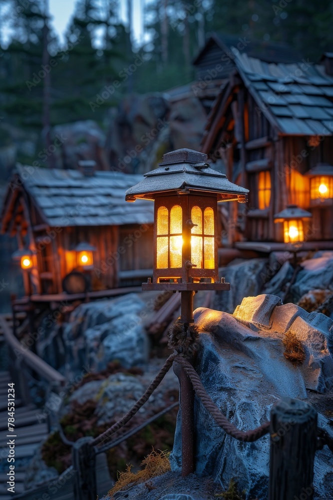 Model a bright, minimal historical mining landscape at dusk with glowing lanterns and wooden structures, isolated background, space for texts