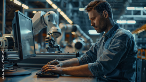A man is working on a computer in a factory