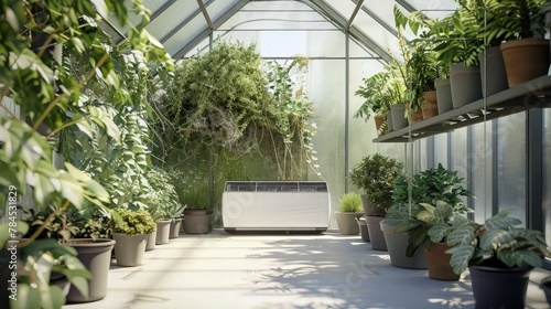 A welcoming family room with an air conditioner on the wall, a green plant in a vase on the mantel, and a bookshelf filled 