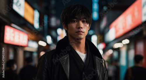 Closeup portrait of an attractive young Japanese man in street full of bright glowing neons in the background