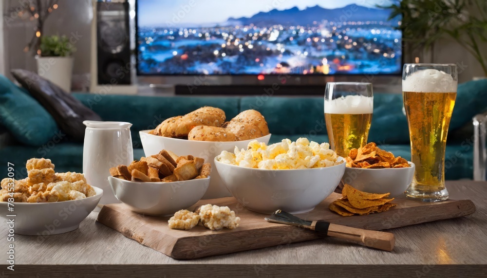 Generated image of snacks in front of tv Generated image of snacks in front of tv
