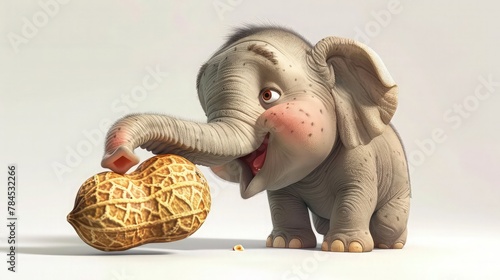A cute small elephant holding nuts in its trunk against a clean white background. The elephant has a playful expression