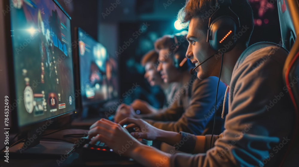 Young gamers wearing headsets, competing in an esports tournament with vibrant screens in front. - obrazy, fototapety, plakaty 