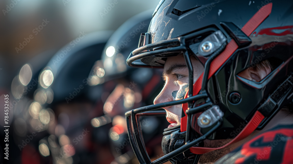 Fototapeta premium Young football player in a helmet, his eyes reflecting concentration and readiness for the game.