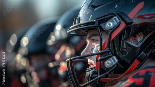 Young football player in a helmet, his eyes reflecting concentration and readiness for the game.