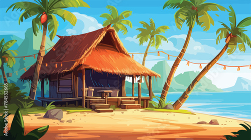 Tiki bar on shore of tropical lagoon. Cartoon summe