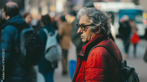 Older man with curly hair and glasses, wearing a red vest and backpack, looks pensive while navigating through a bustling city street.