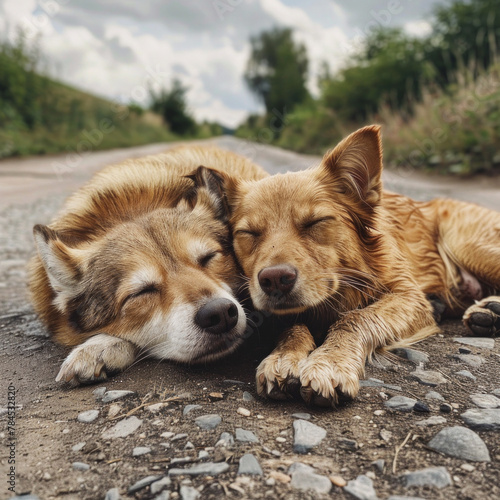 Two dogs are laying on the road  one of them is sleeping