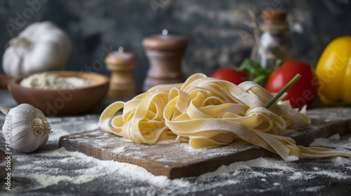 Fresh fettuccine pasta draped over a wooden board, with the flour-dusted surface enhancing its handmade quality.