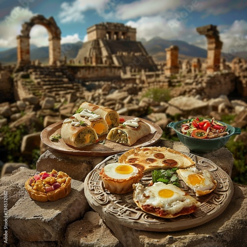 Aztec Empire exploration, patient sampling of Egg Tart, Tortilla EspaA ola, and Fajita amidst ruins , stock photographic style photo
