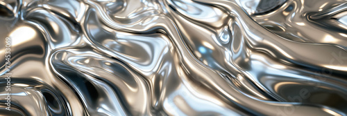 Highly reflective liquid metal waves with a flowing, organic and smooth silver surface, creating a mesmerizing pattern.