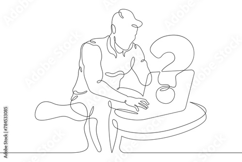 One continuous line.Man is sitting at a laptop. Search for an answer to a question on the Internet. Computer work.One continuous line drawing. Line Art isolated white background.