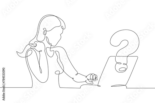 One continuous line.Woman is sitting at a laptop. Search for an answer to a question on the Internet. Computer work.One continuous line drawing. Line Art isolated white background.