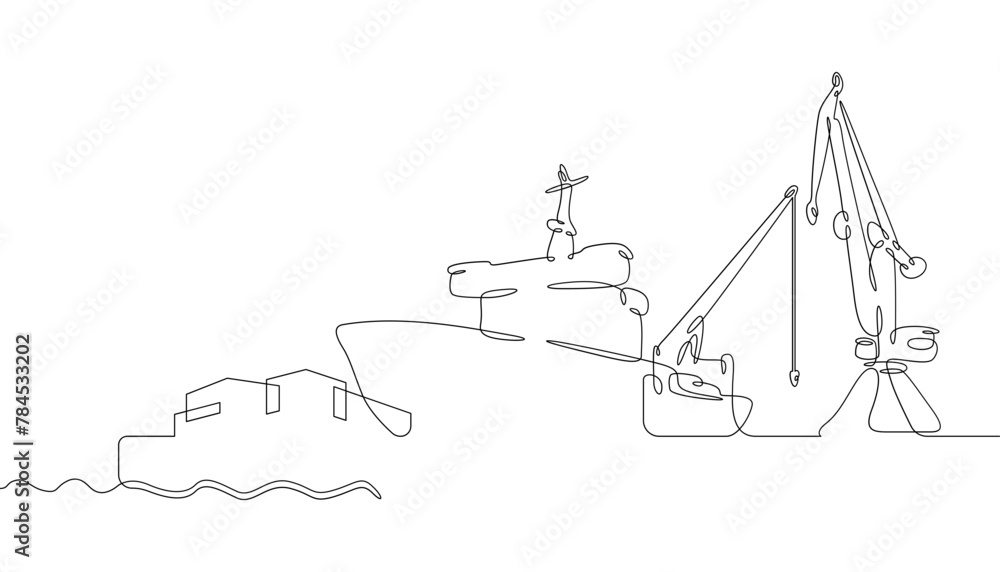 One continuous line. Cargo seaport. Pier with loading cranes. Unloading arrived cargoes. Port dock. Container ship unloading.One continuous line drawn isolated, white background.