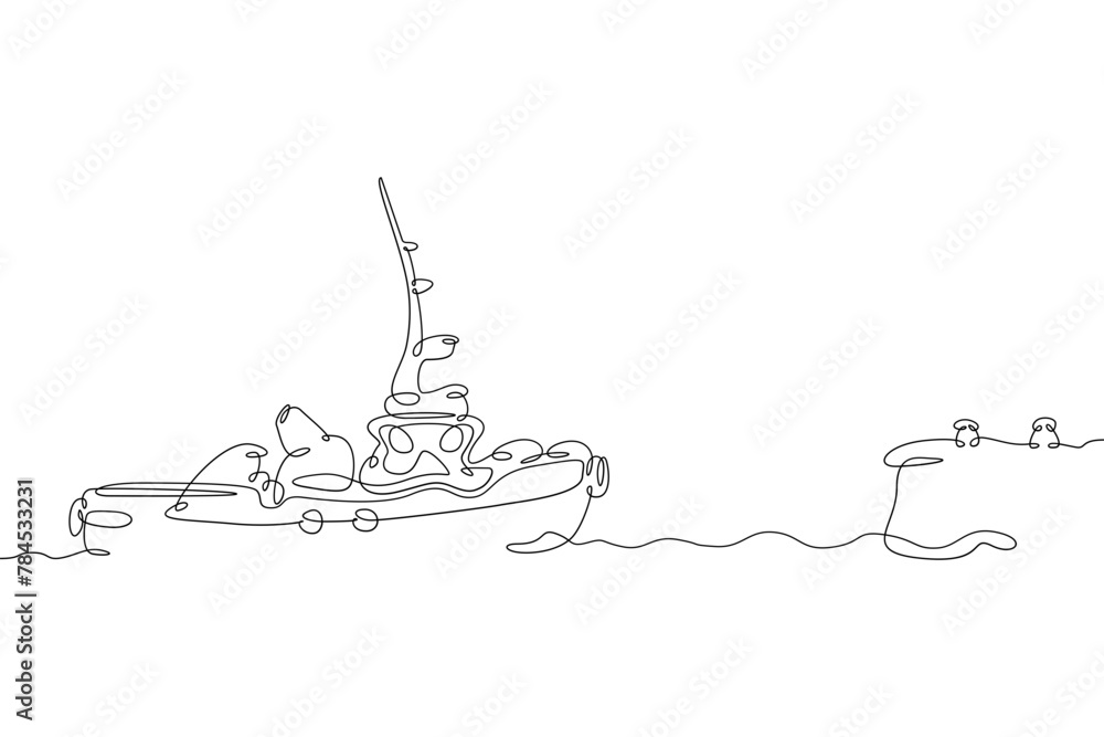 One continuous line.Cargo seaport. The tugboat is sailing in the harbor. Port dock. Sea ship tug. One continuous line drawn isolated, white background.