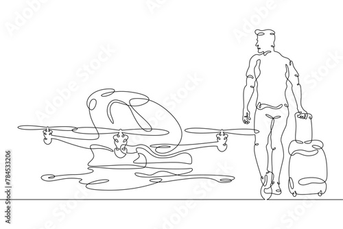 One continuous line.Passenger quadcopter taxi. A tourist with luggage is waiting to board a taxi. Air passenger transportation by electric plane, air taxi. One continuous line drawn isolated, white ba