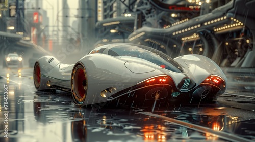 Futuristic vehicle with automotive lighting glides on wet asphalt street