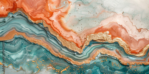 Luxurious Fluid Art with Coral and Teal Tones Complemented by Gold Veining - Ideal for Sophisticated Home Decor and Print Materials