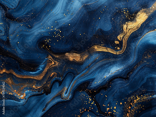 Liquid Swirls in Beautiful Navy Blue colors, with Gold Powder. Luxurious Design Wallpaper 