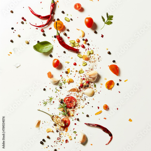 A close up of a white background with a variety of spices