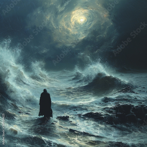 A man stands on a beach in the middle of a stormy sea