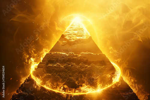 Golden pyramid with flame, epic, fantasy, golden light radiating from inside triangle, smoke coming out of top and bottom edges photo