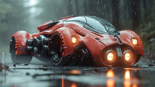 A red futuristic car with sleek automotive design drives on wet road in the rain