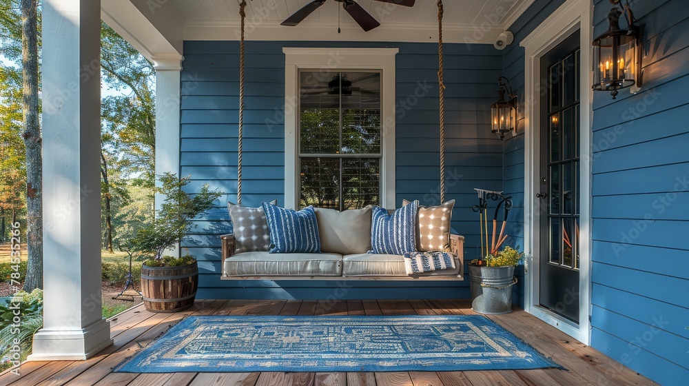 Fototapeta premium Welcoming Front Porch: Blue Striped Cushions and Hanging Swing Sofa