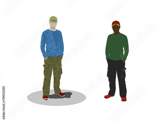 Illustration of two men wearing hats, long-sleeved t-shirts and cargo pants. Flat vector design.