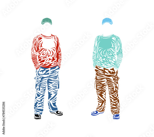 Illustration of two men wearing long sleeve t-shirts and cargo pants in striped style with copy space. Flat vector design.