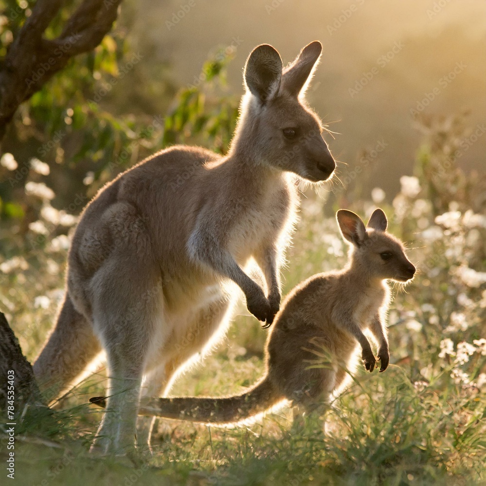 Känguru hüpft mit seinem Baby durch die Natur Känguru hüpft mit seinem Baby durch die Natur