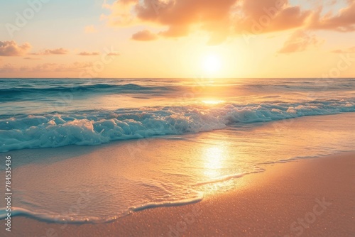 Closeup sea sand beach. Panoramic beach landscape. Inspire tropical beach seascape horizon sunset © Eyepain