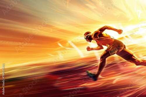 Illustration of an athletic runner sprinting for a sports competition in an Olympic stadium at sunset. 