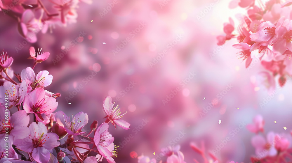 A pink background with cherry blossoms in the foreground