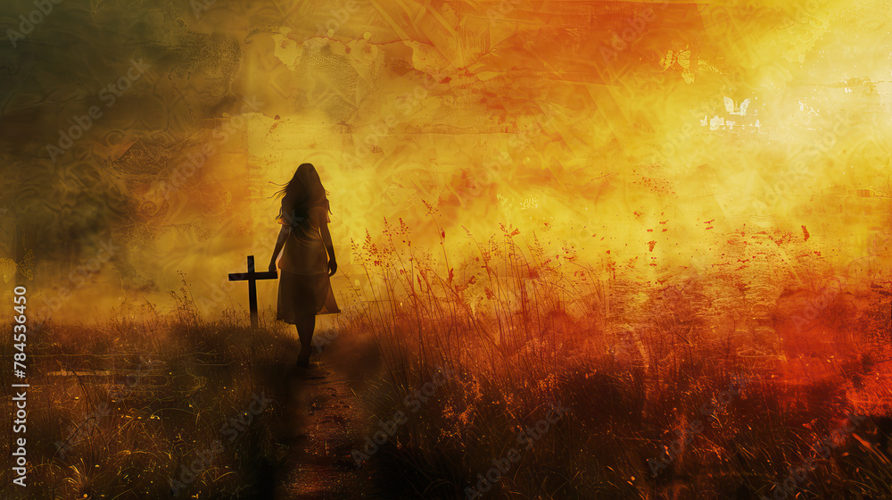 Fototapeta premium Faithful Journey: Woman with Cross, Walking the Path of Devotion