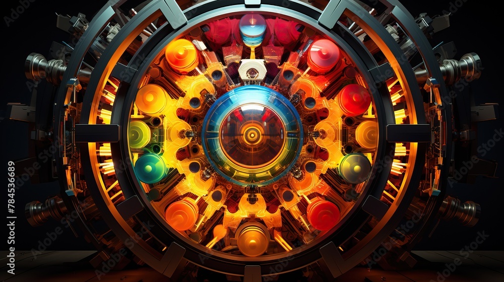 A large, round, futuristic machine with a glowing blue eye in the center and many smaller glowing lights arranged in a circle around it. A large, round, futuristic machine with a glowing blue eye in the center and many smaller glowing lights arranged in a circle around it.