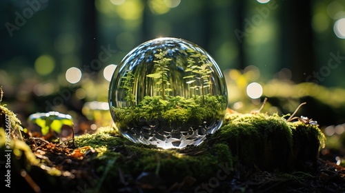 A glass ball sits on the forest floor, reflecting the trees and plants around it.