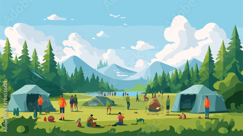 Tourists on summer camp festival flat vector illustration photo