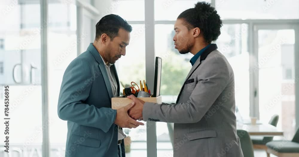 Fired, cardboard box and business man with angry manager and sad employee in a office. Termination, stress and worker leaving a public relations firm with employment dismissal at a company with fail Fired, cardboard box and business man with angry manager and sad employee in a office. Termination, stress and worker leaving a public relations firm with employment dismissal at a company with fail