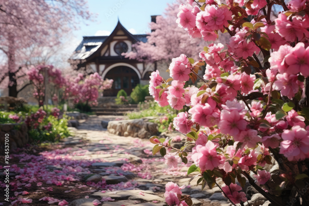 Beautiful cherry blossom trees in the garden against the background of the garden Beautiful cherry blossom trees in the garden against the background of the garden