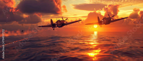 WW2 British Spitfire planes flying over the ocean during sunset with smoke and fire in the background