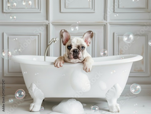 Happy, playful adorable french bulldog puppy with bubbles on his face in the cast iron double-ended clawfoot tub. Studio photography effect
